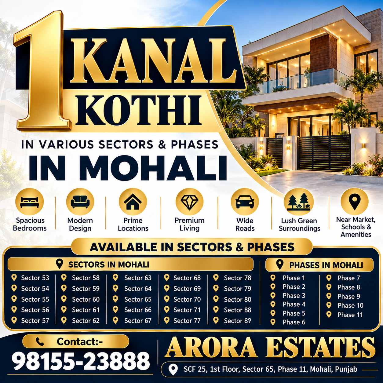 1 Kanal Kothi for Sale in Mohali | Sectors & Phases | Arora Estates