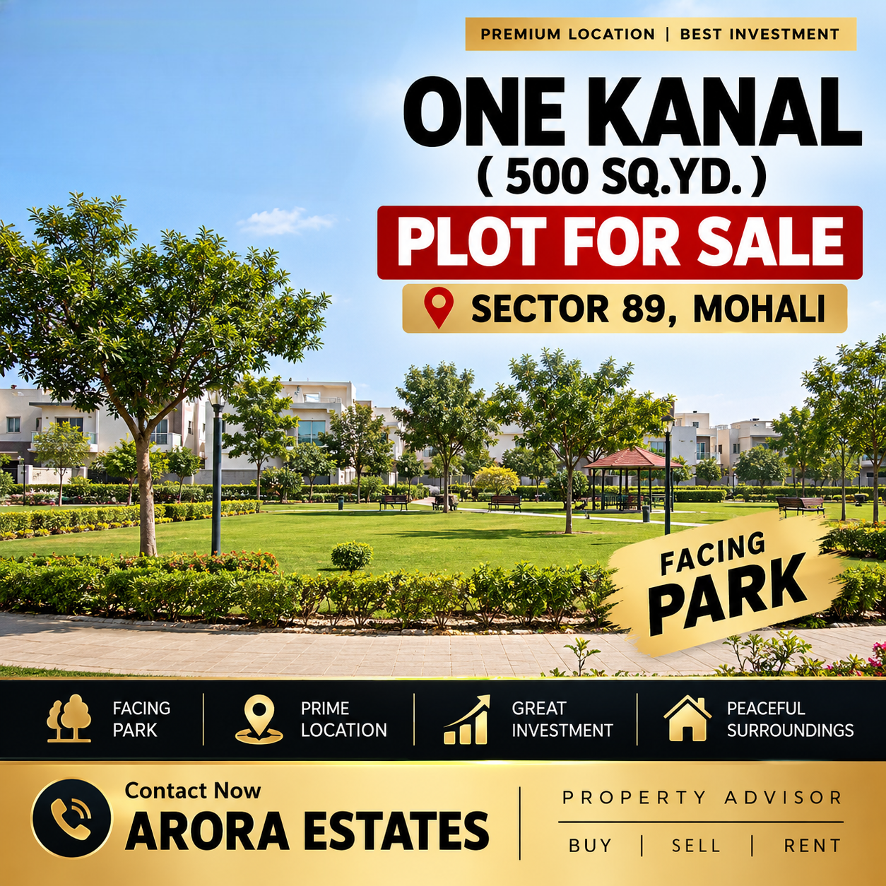 1 Kanal Plot for Sale in Sector 89 Mohali | Park Facing | Arora Estates